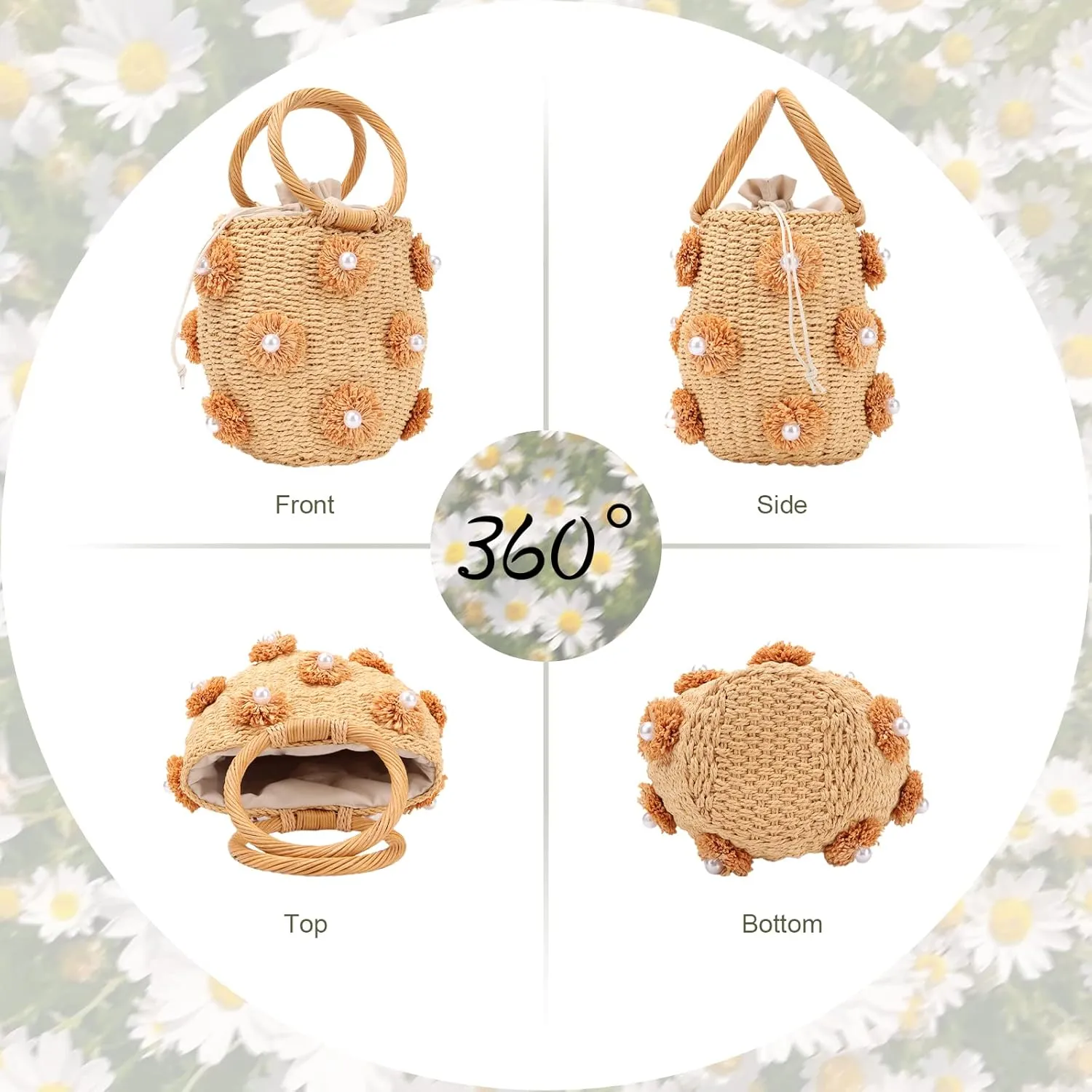 Lanpet Straw Beach Bag for Women Summer Drawstring Woven Tote Bag Flower Pearls Bucket Handbags
