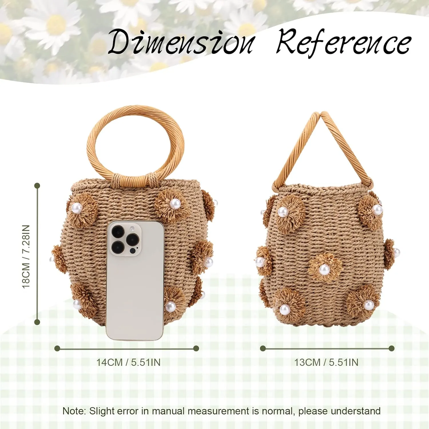 Lanpet Straw Beach Bag for Women Summer Drawstring Woven Tote Bag Flower Pearls Bucket Handbags