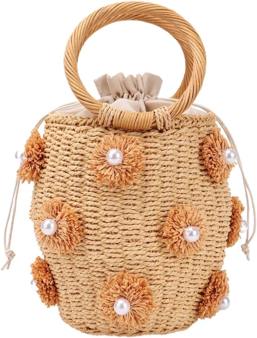 Lanpet Straw Beach Bag for Women Summer Drawstring Woven Tote Bag Flower Pearls Bucket Handbags