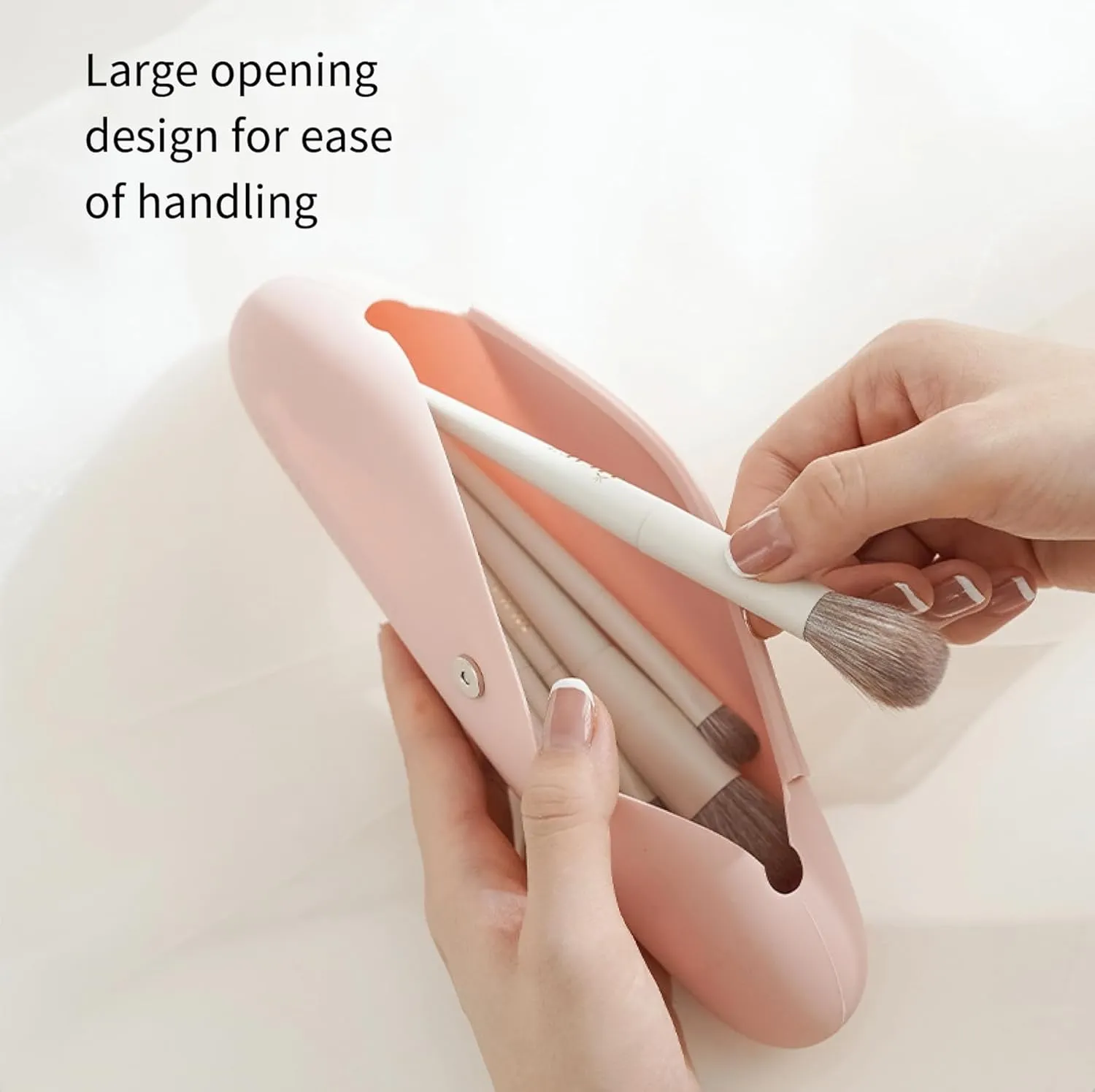Large Capacity Travel Makeup Brush Holder, Magnetic Button Design Prevent Falling off Silicone Brushes Holder, Cosmetic Bags for Women Travel- (9.06 * 3.35 * 1.18) (Pink(Large))