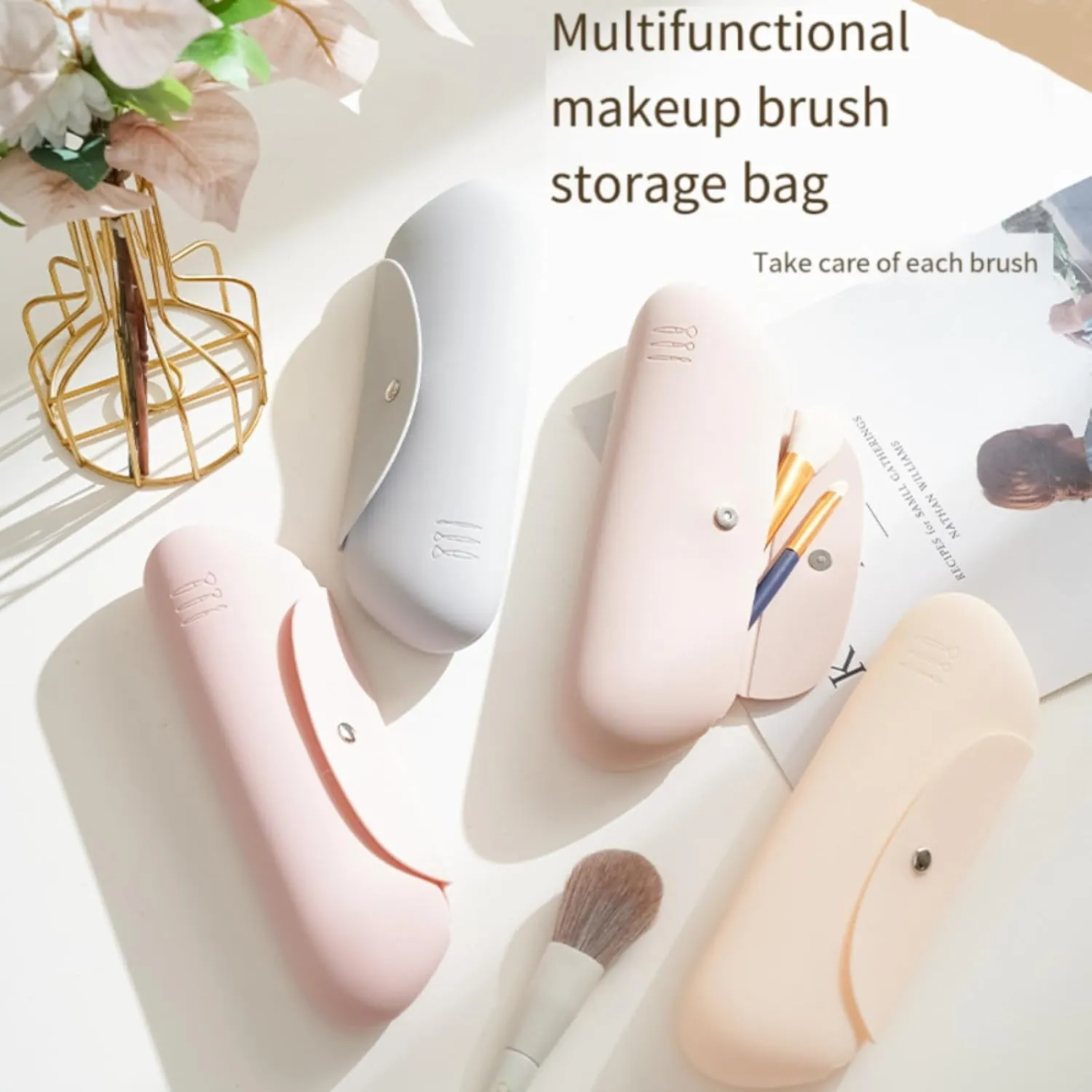 Large Capacity Travel Makeup Brush Holder, Magnetic Button Design Prevent Falling off Silicone Brushes Holder, Cosmetic Bags for Women Travel- (9.06 * 3.35 * 1.18) (Pink(Large))