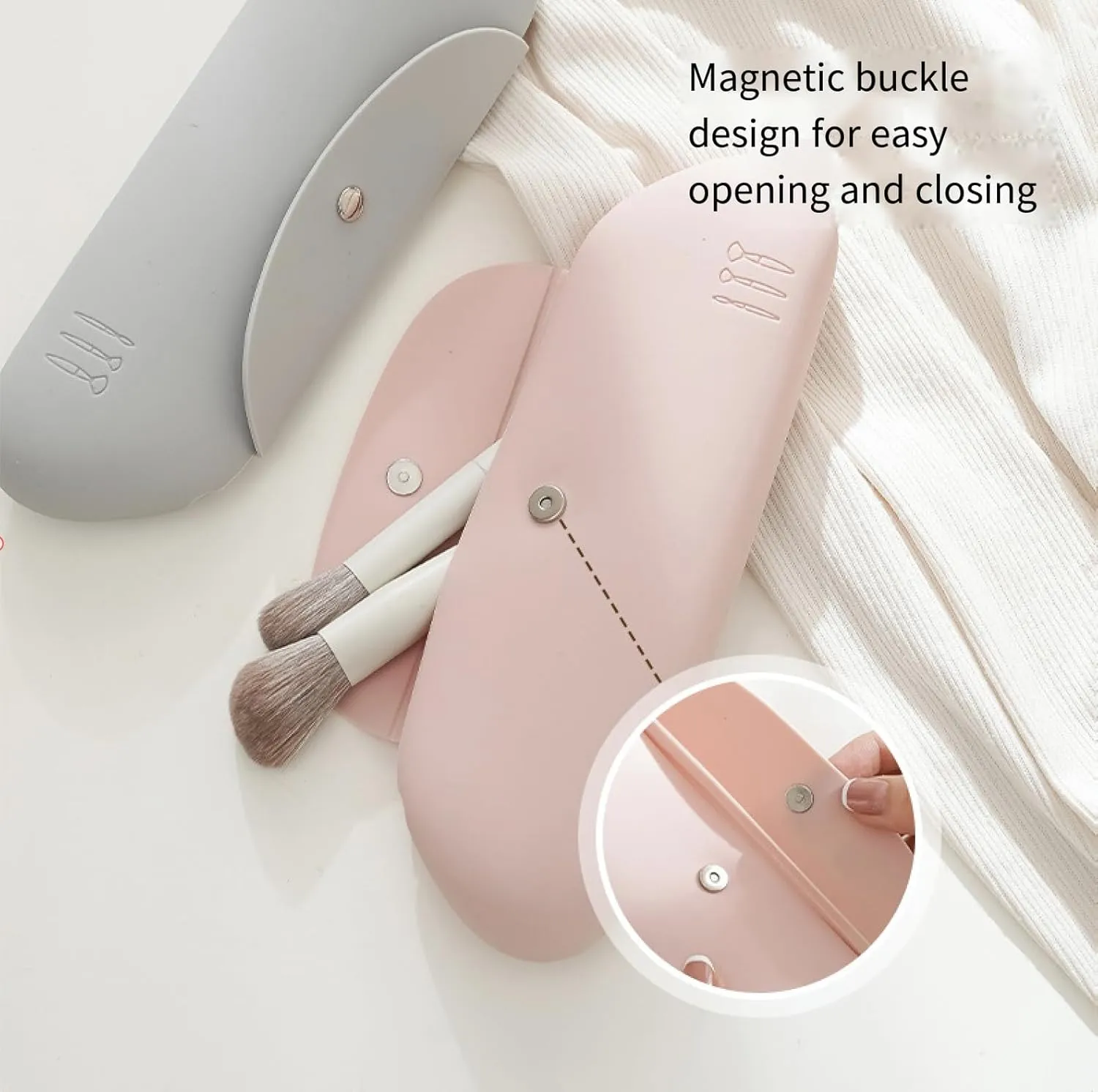 Large Capacity Travel Makeup Brush Holder, Magnetic Button Design Prevent Falling off Silicone Brushes Holder, Cosmetic Bags for Women Travel- (9.06 * 3.35 * 1.18) (Pink(Large))