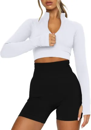 LEEDYA Women's Long Sleeve Workout Shirts Half Zip Pullover Sweatshirt Cropped Ribbed Yoga Running Athletic Tops