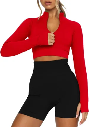 LEEDYA Women's Long Sleeve Workout Shirts Half Zip Pullover Sweatshirt Cropped Ribbed Yoga Running Athletic Tops