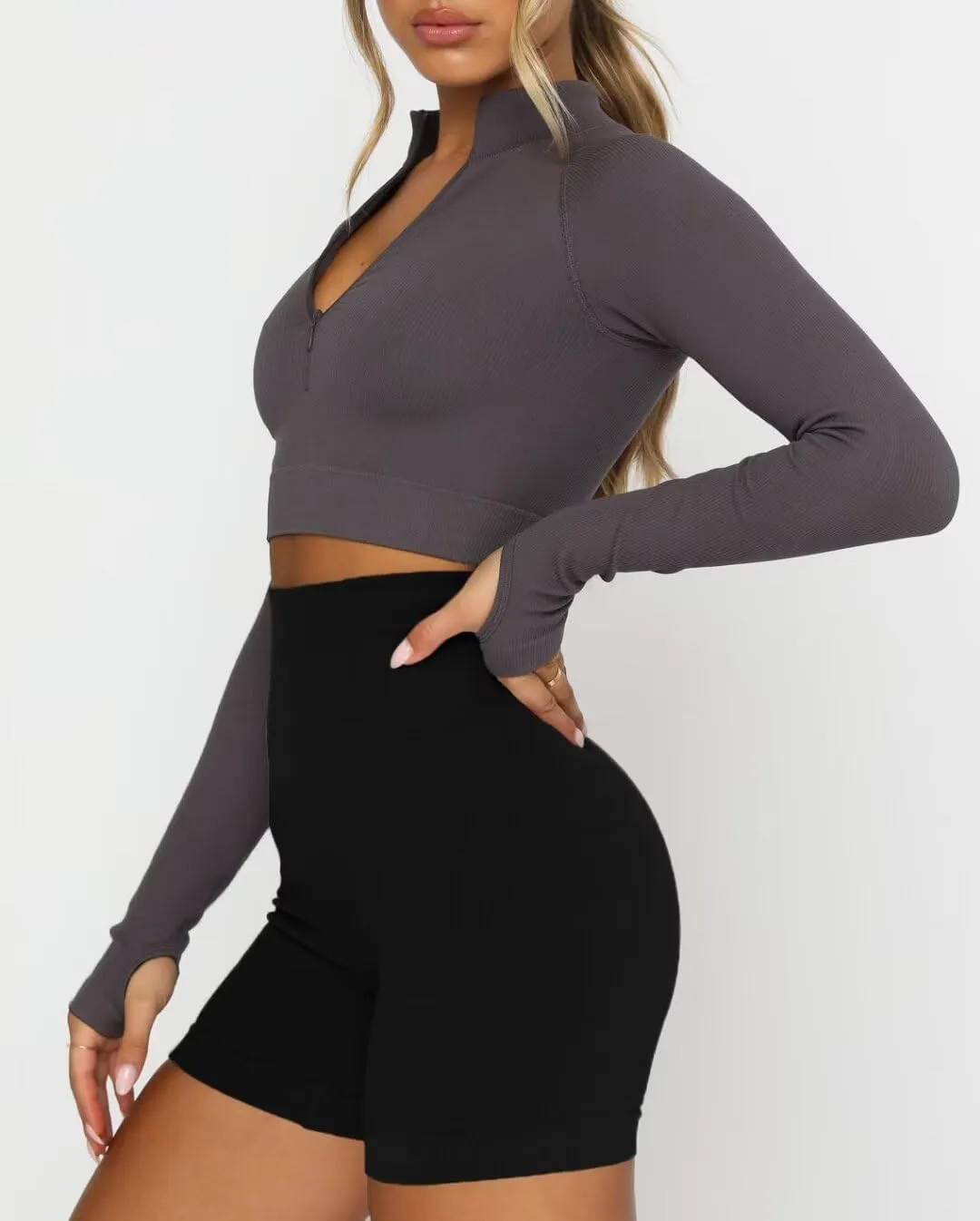 LEEDYA Women's Long Sleeve Workout Shirts Half Zip Pullover Sweatshirt Cropped Ribbed Yoga Running Athletic Tops