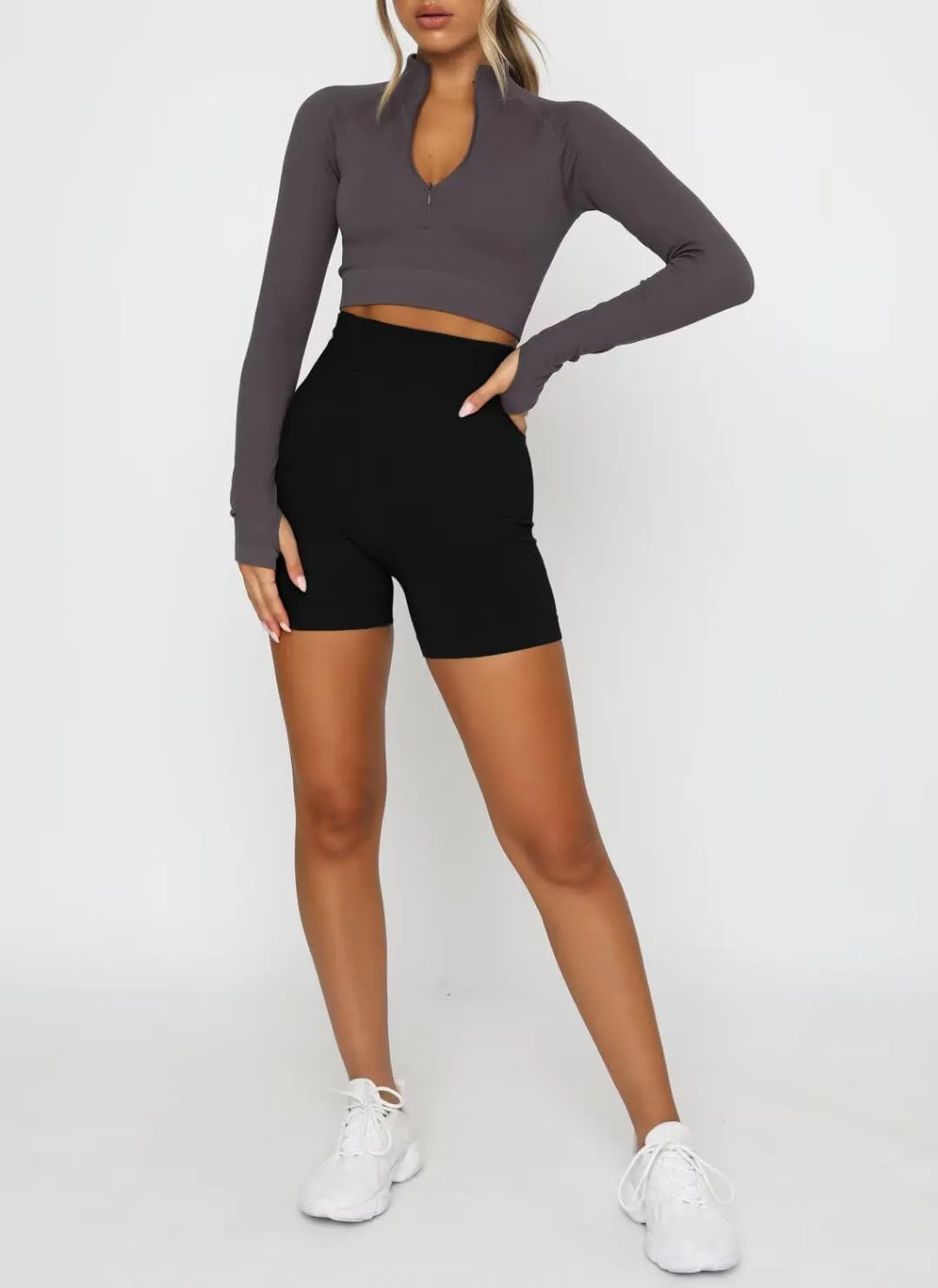 LEEDYA Women's Long Sleeve Workout Shirts Half Zip Pullover Sweatshirt Cropped Ribbed Yoga Running Athletic Tops