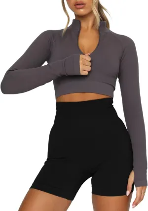 LEEDYA Women's Long Sleeve Workout Shirts Half Zip Pullover Sweatshirt Cropped Ribbed Yoga Running Athletic Tops