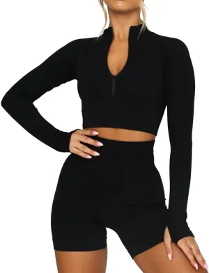 LEEDYA Women's Long Sleeve Workout Shirts Half Zip Pullover Sweatshirt Cropped Ribbed Yoga Running Athletic Tops