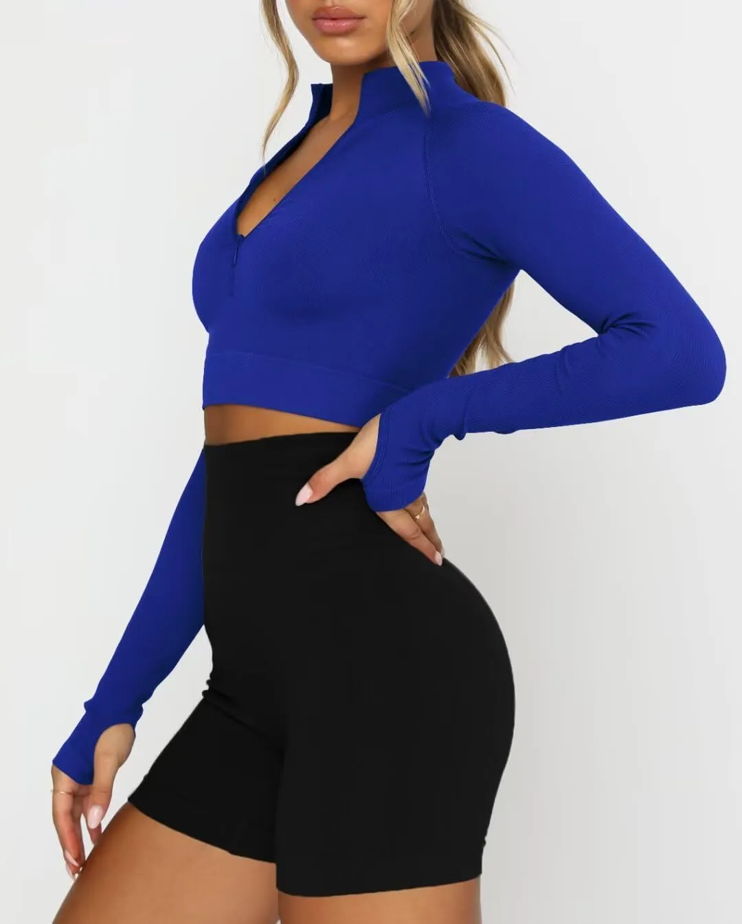 LEEDYA Women's Long Sleeve Workout Shirts Half Zip Pullover Sweatshirt Cropped Ribbed Yoga Running Athletic Tops