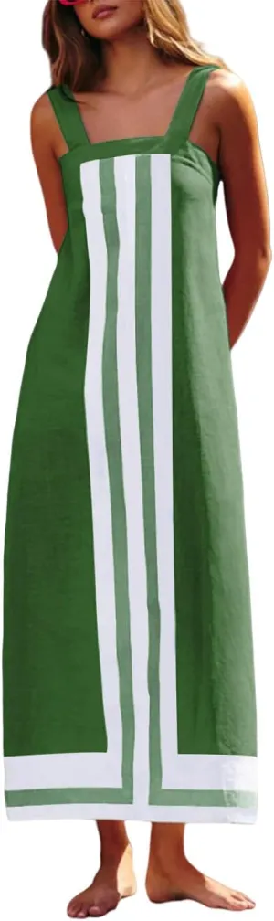 Linen Dresses for Women 2025 Color Block Summer Sun Dresses Beach Vacation Sleeveless Spaghetti Strap Maxi Dress