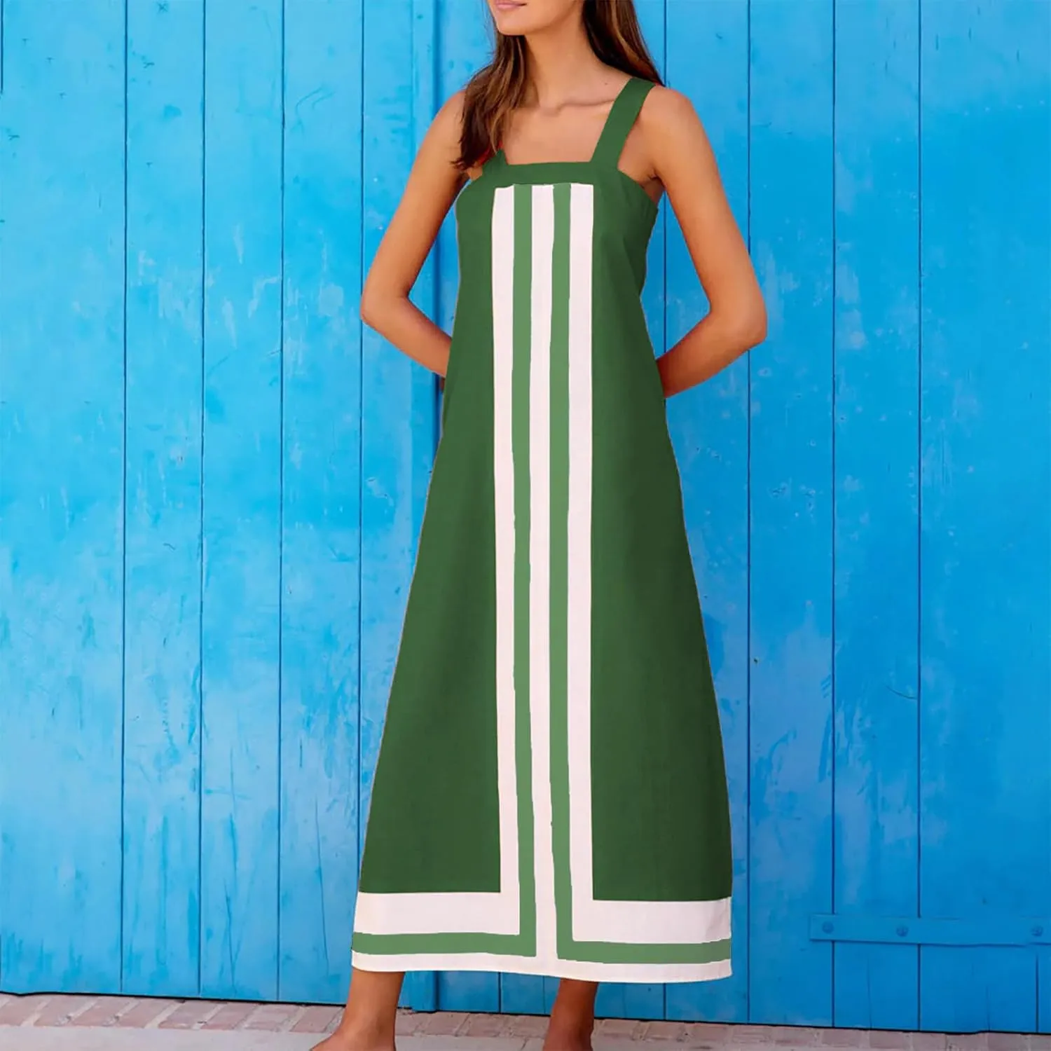 Linen Dresses for Women 2025 Color Block Summer Sun Dresses Beach Vacation Sleeveless Spaghetti Strap Maxi Dress