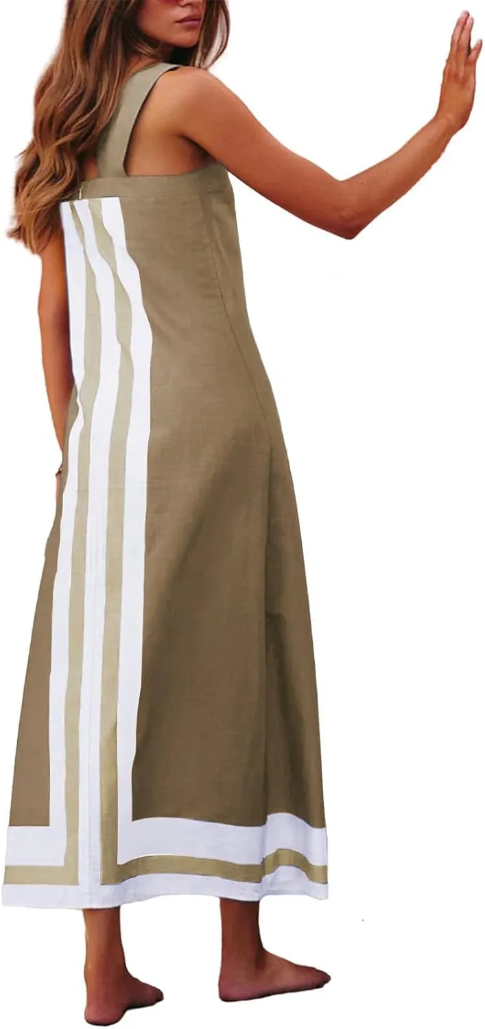 Linen Dresses for Women 2025 Color Block Summer Sun Dresses Beach Vacation Sleeveless Spaghetti Strap Maxi Dress
