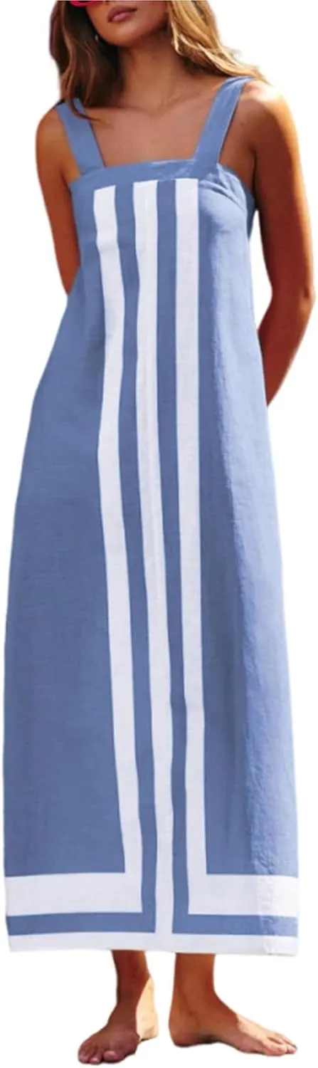Linen Dresses for Women 2025 Color Block Summer Sun Dresses Beach Vacation Sleeveless Spaghetti Strap Maxi Dress