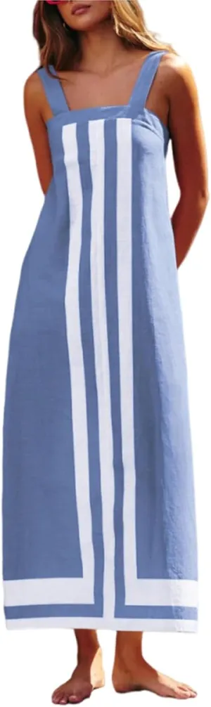 Linen Dresses for Women 2025 Color Block Summer Sun Dresses Beach Vacation Sleeveless Spaghetti Strap Maxi Dress