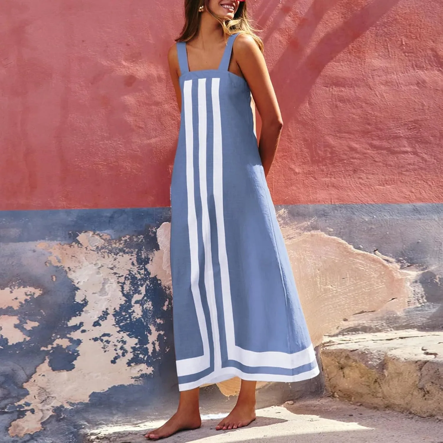 Linen Dresses for Women 2025 Color Block Summer Sun Dresses Beach Vacation Sleeveless Spaghetti Strap Maxi Dress