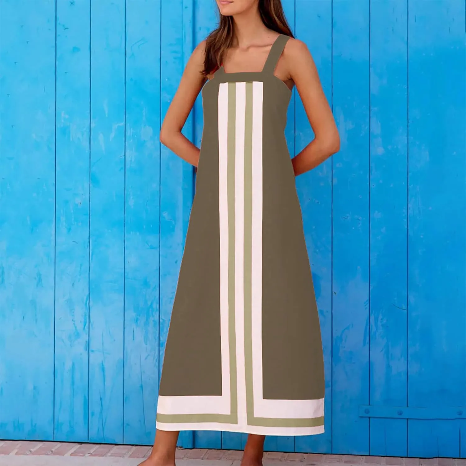 Linen Dresses for Women 2025 Color Block Summer Sun Dresses Beach Vacation Sleeveless Spaghetti Strap Maxi Dress