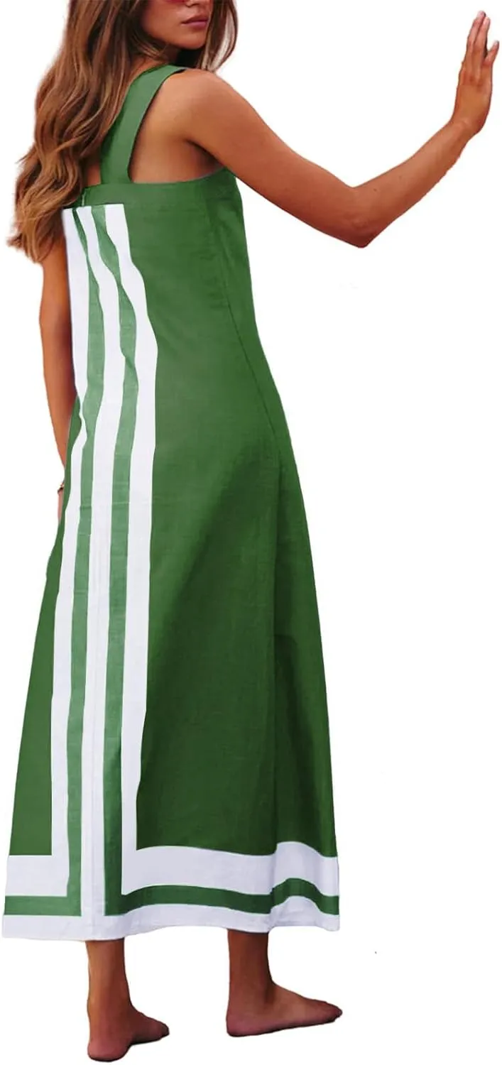 Linen Dresses for Women 2025 Color Block Summer Sun Dresses Beach Vacation Sleeveless Spaghetti Strap Maxi Dress