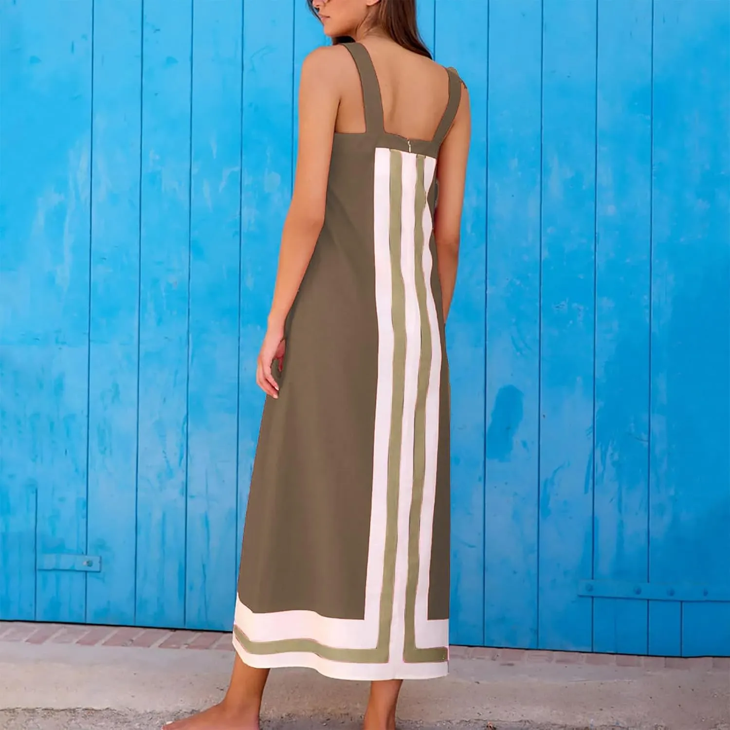 Linen Dresses for Women 2025 Color Block Summer Sun Dresses Beach Vacation Sleeveless Spaghetti Strap Maxi Dress