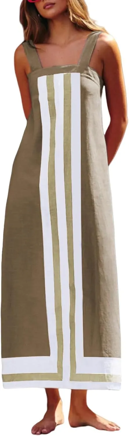 Linen Dresses for Women 2025 Color Block Summer Sun Dresses Beach Vacation Sleeveless Spaghetti Strap Maxi Dress