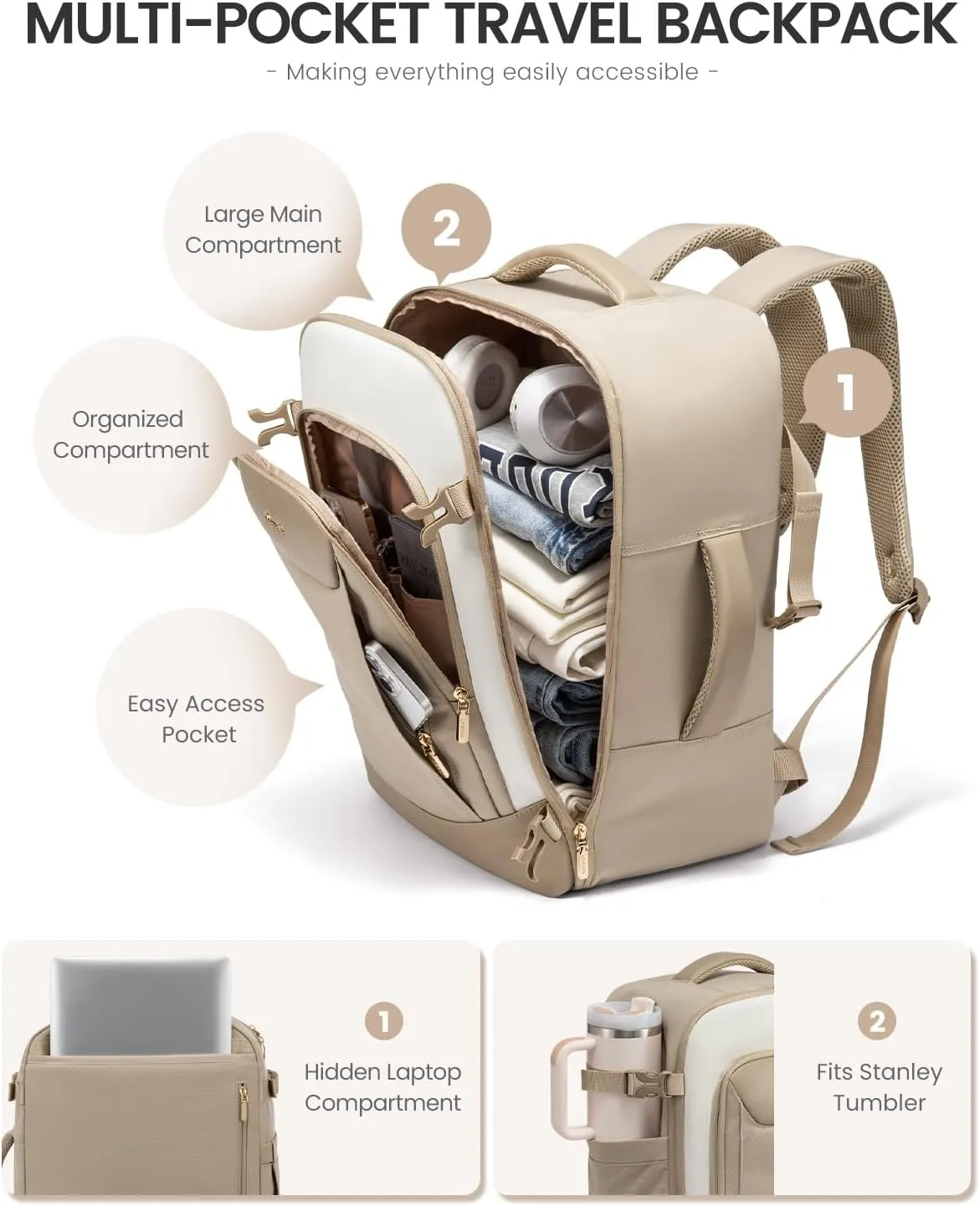 LOVEVOOK 40L Travel Backpack for Women Men, Large Carry on Backpack for Airplanes TSA Personal Item Travel Bag fits 15.6" Laptop, Waterproof Weekender Essentials Airline Approved with 2 Packing Cubes