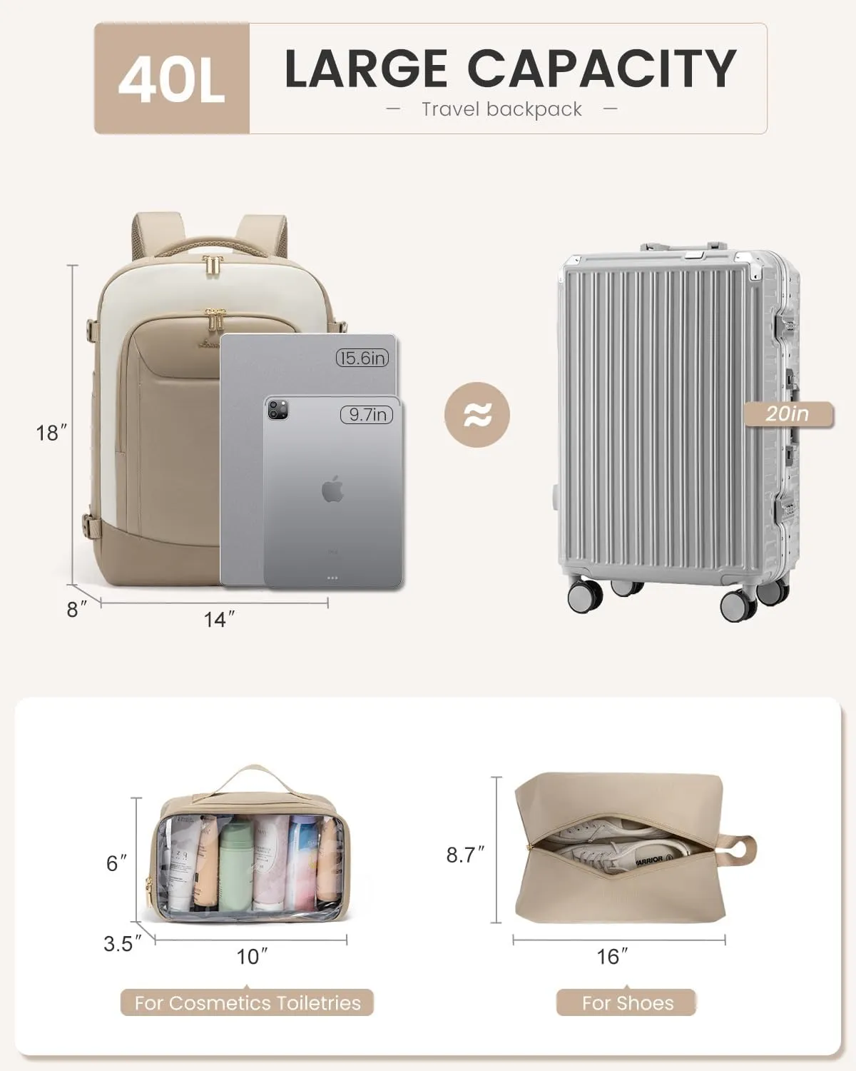 LOVEVOOK 40L Travel Backpack for Women Men, Large Carry on Backpack for Airplanes TSA Personal Item Travel Bag fits 15.6" Laptop, Waterproof Weekender Essentials Airline Approved with 2 Packing Cubes