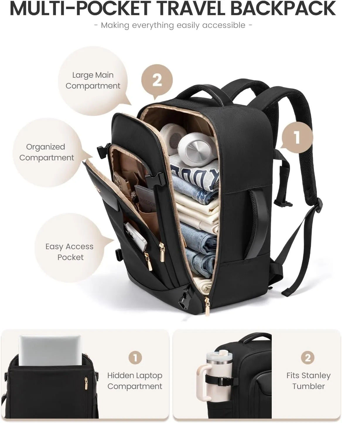 LOVEVOOK 40L Travel Backpack for Women Men, Large Carry on Backpack for Airplanes TSA Personal Item Travel Bag fits 15.6" Laptop, Waterproof Weekender Essentials Airline Approved with 2 Packing Cubes