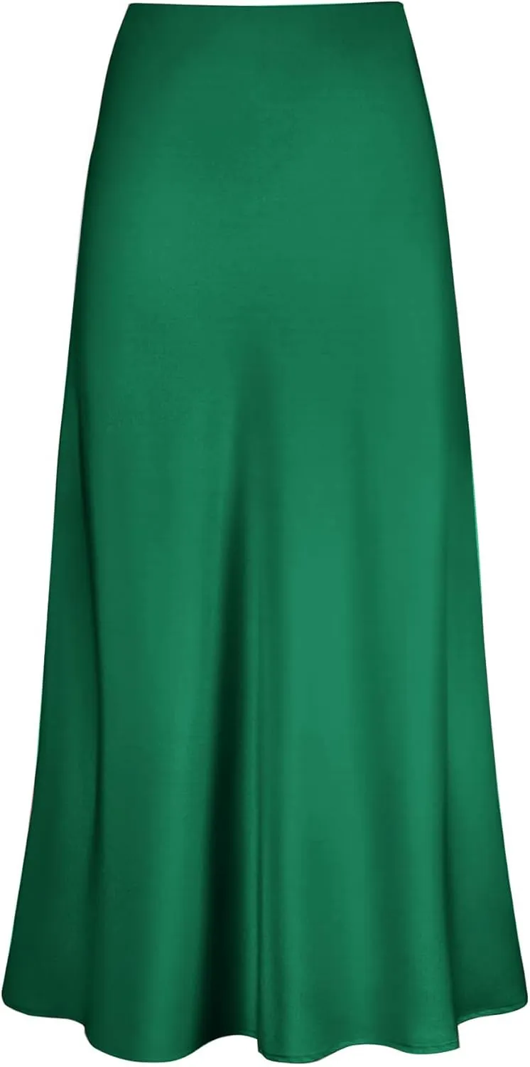 LYANER Women's Satin Silk High Waist Pleated Flared Bodycon Maxi Skirt