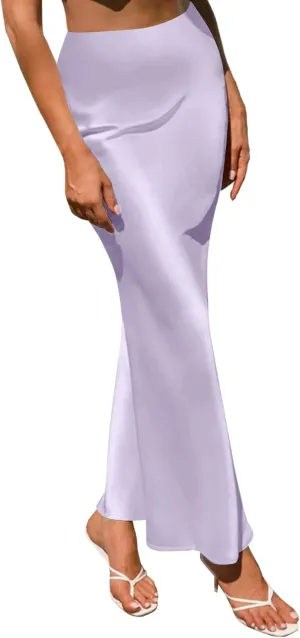 LYANER Women's Satin Silk High Waist Pleated Flared Bodycon Maxi Skirt