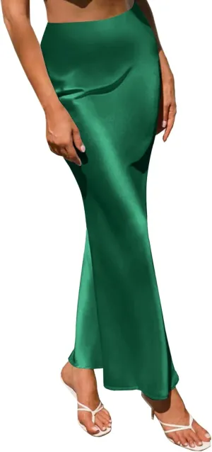 LYANER Women's Satin Silk High Waist Pleated Flared Bodycon Maxi Skirt