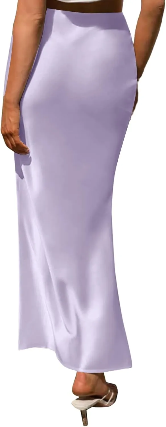 LYANER Women's Satin Silk High Waist Pleated Flared Bodycon Maxi Skirt