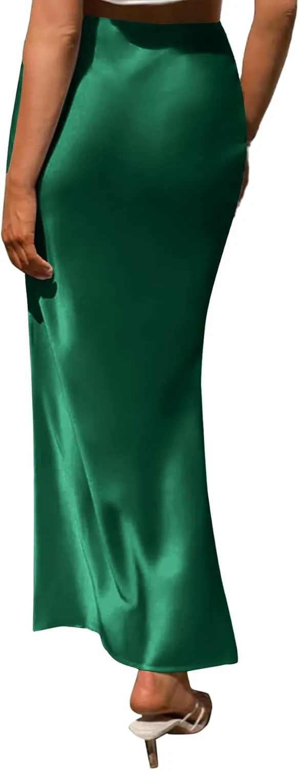 LYANER Women's Satin Silk High Waist Pleated Flared Bodycon Maxi Skirt