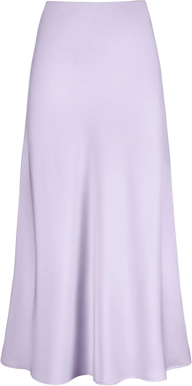 LYANER Women's Satin Silk High Waist Pleated Flared Bodycon Maxi Skirt