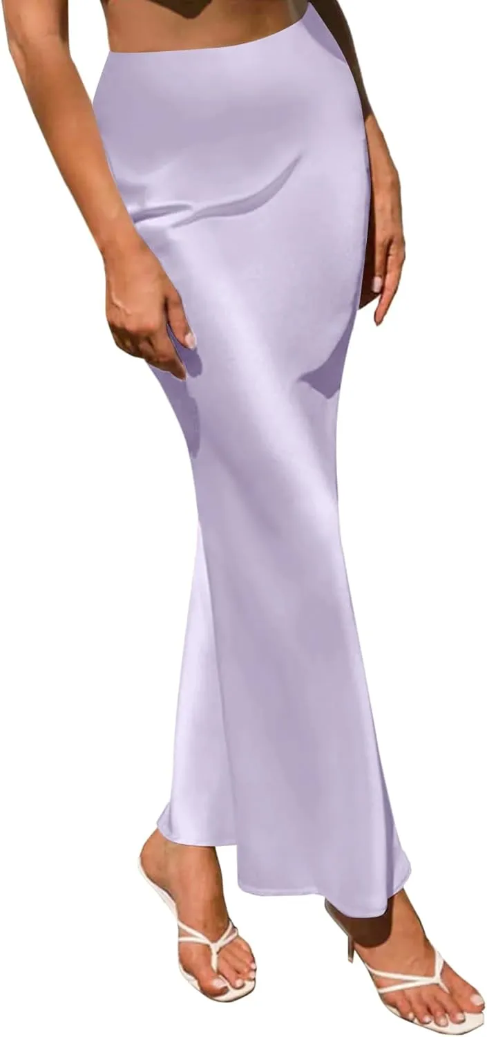 LYANER Women's Satin Silk High Waist Pleated Flared Bodycon Maxi Skirt