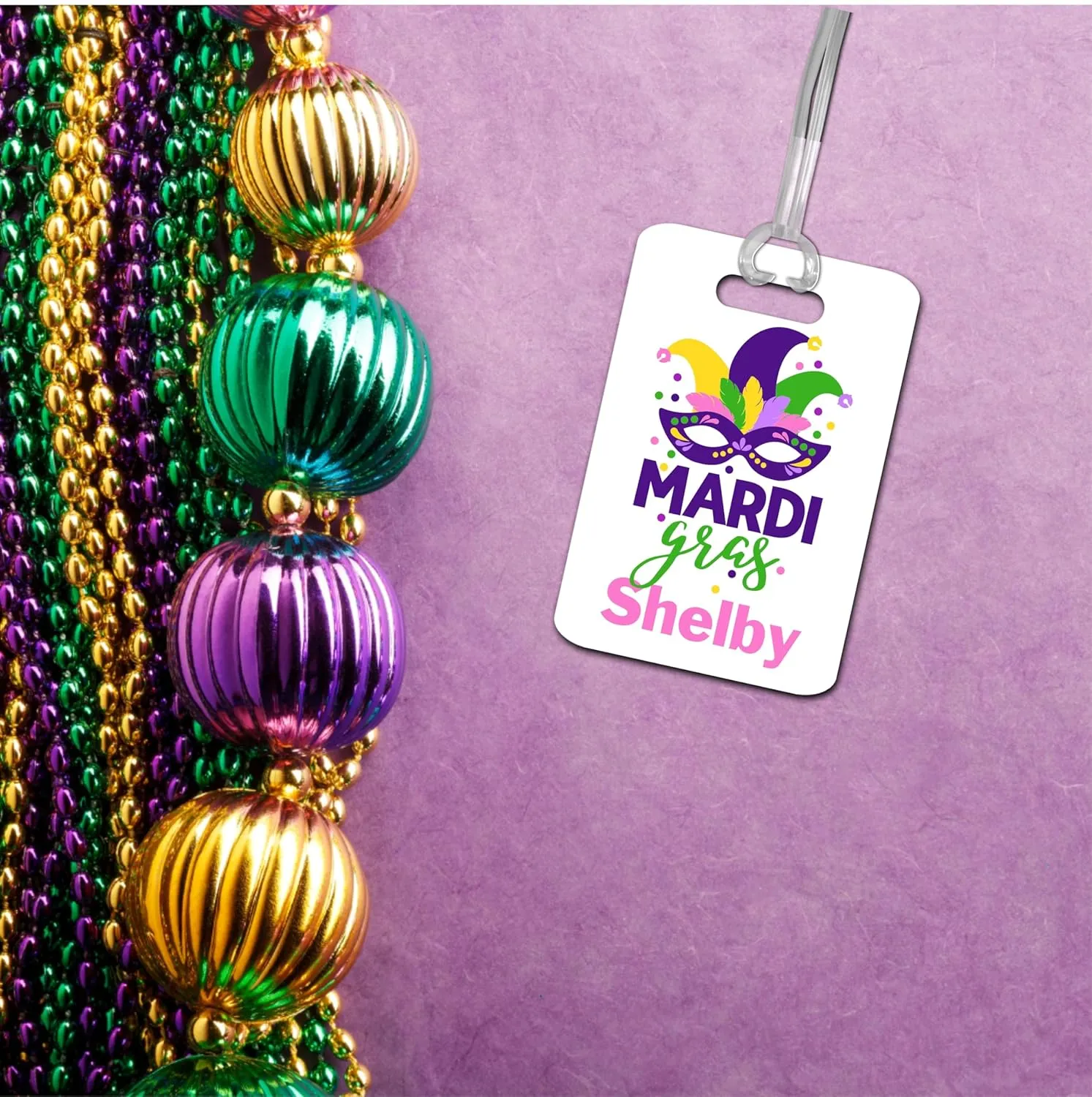 Mardi Gras Luggage Tag, Personalized Gift Idea for Vacation, Suitcase Bag ID with Strap