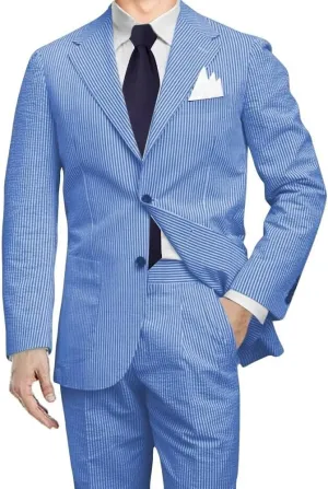 Men 2 Pieces Summer Seersucker Suits Beach Wedding Suits Grooms Slim Fit Striped Blazer