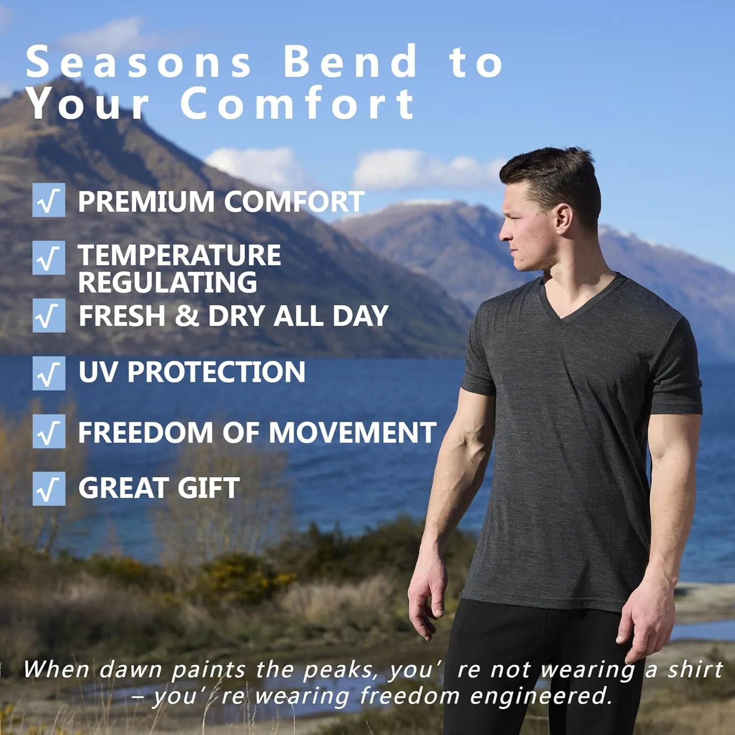 MERINNOVATION Mens Merino Wool V Neck T-Shirt Wicking Merino Wool Undershirt Lightweight Base Layer Hiking Travel