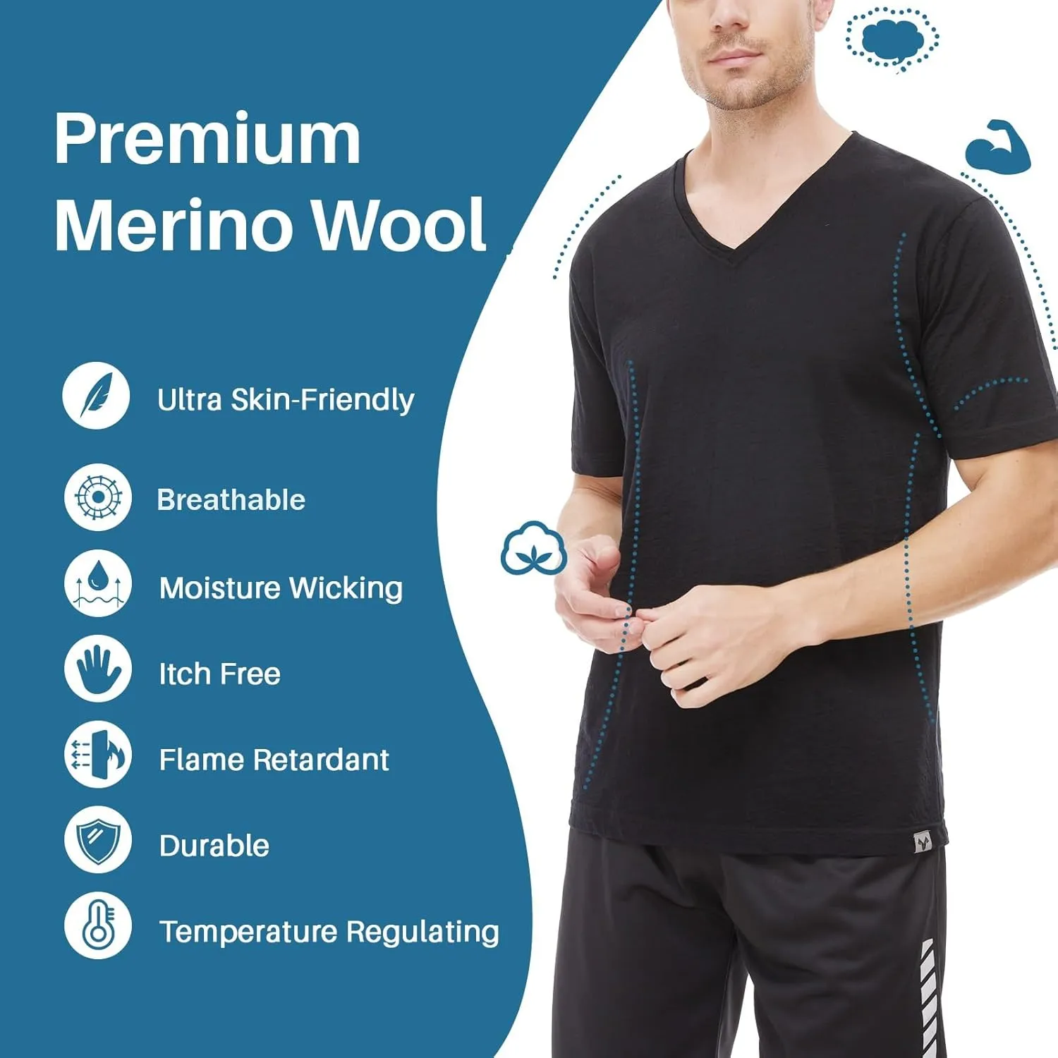 MERINNOVATION Mens Merino Wool V Neck T-Shirt Wicking Merino Wool Undershirt Lightweight Base Layer Hiking Travel