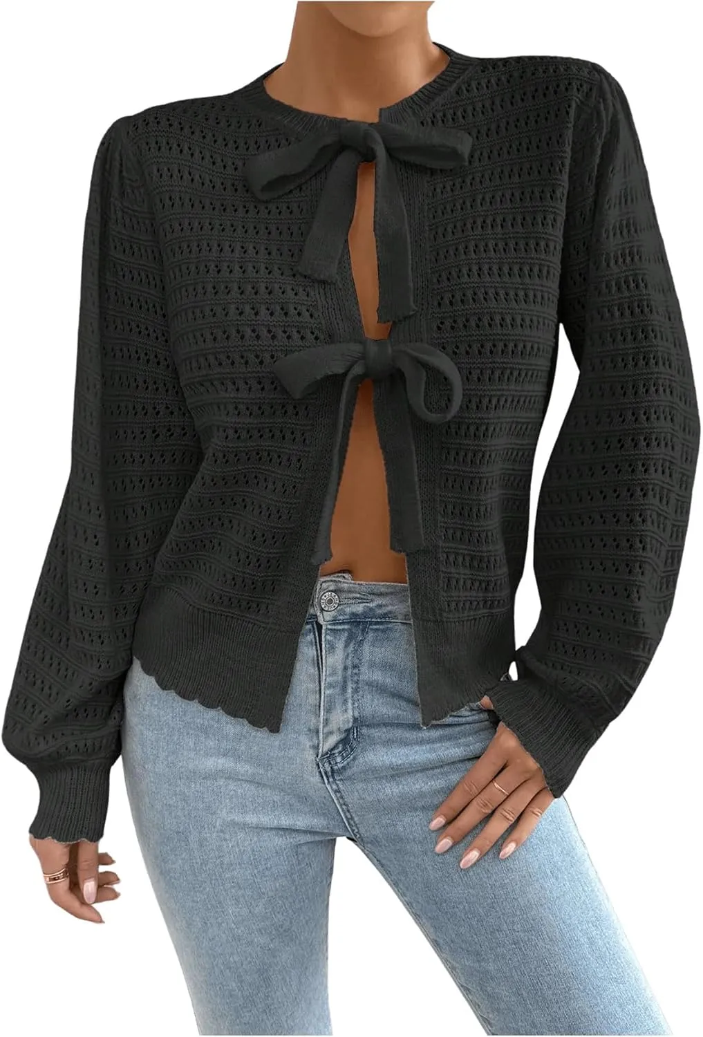 Milumia Women's Tie Up Bishop Long Sleeve Cardigan Hollow Out Knit Sweater Tops