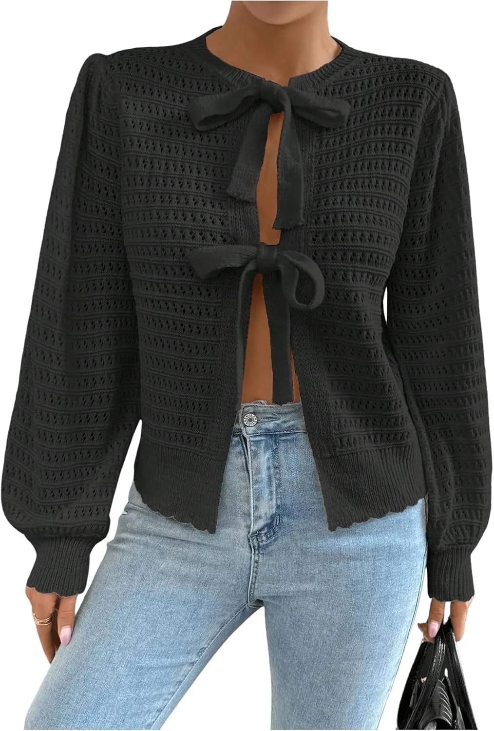 Milumia Women's Tie Up Bishop Long Sleeve Cardigan Hollow Out Knit Sweater Tops