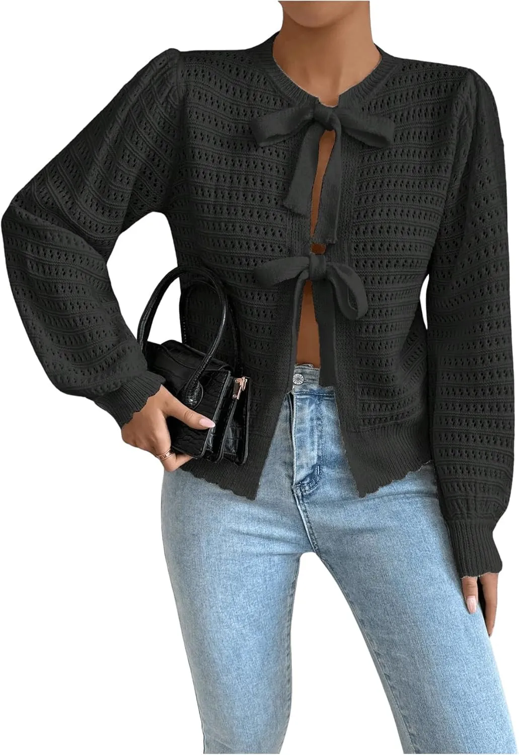 Milumia Women's Tie Up Bishop Long Sleeve Cardigan Hollow Out Knit Sweater Tops