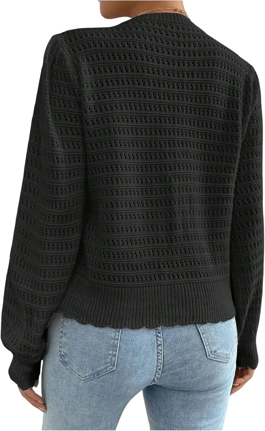 Milumia Women's Tie Up Bishop Long Sleeve Cardigan Hollow Out Knit Sweater Tops