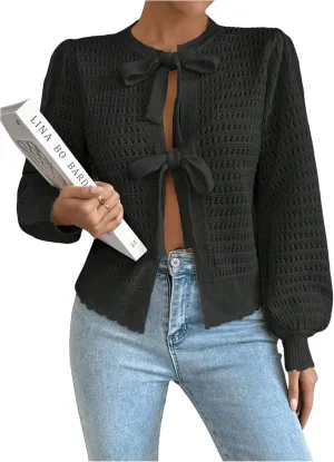 Milumia Women's Tie Up Bishop Long Sleeve Cardigan Hollow Out Knit Sweater Tops