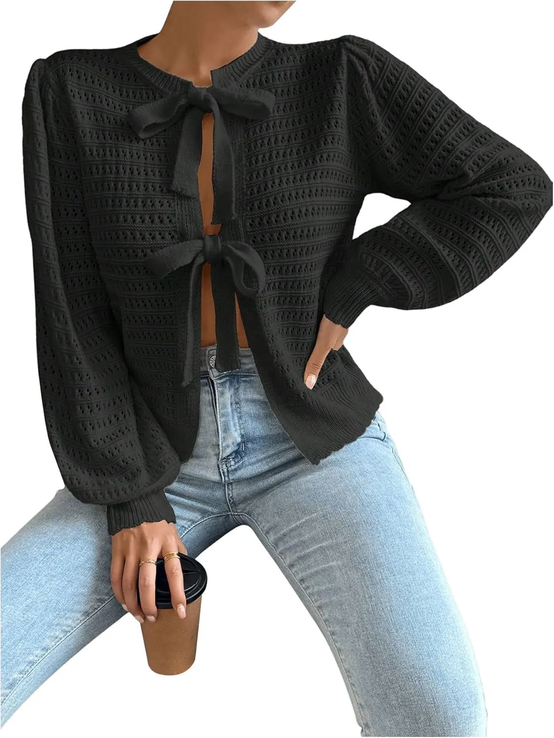 Milumia Women's Tie Up Bishop Long Sleeve Cardigan Hollow Out Knit Sweater Tops