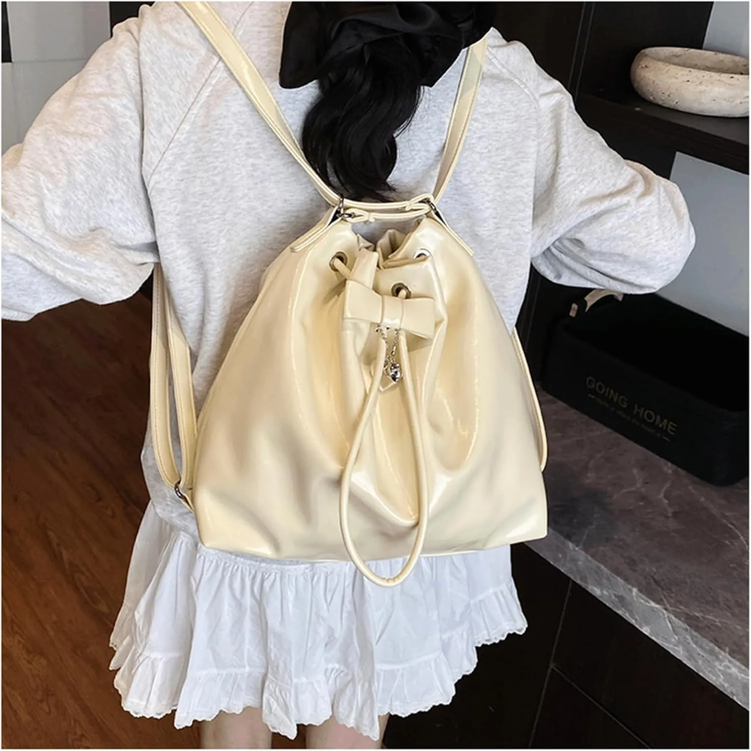 Mini Bucket Bag Glossy Leather Bucket Purse with Bow Detail Vintage Drawstring Shoulder Crossbody Purse Bag