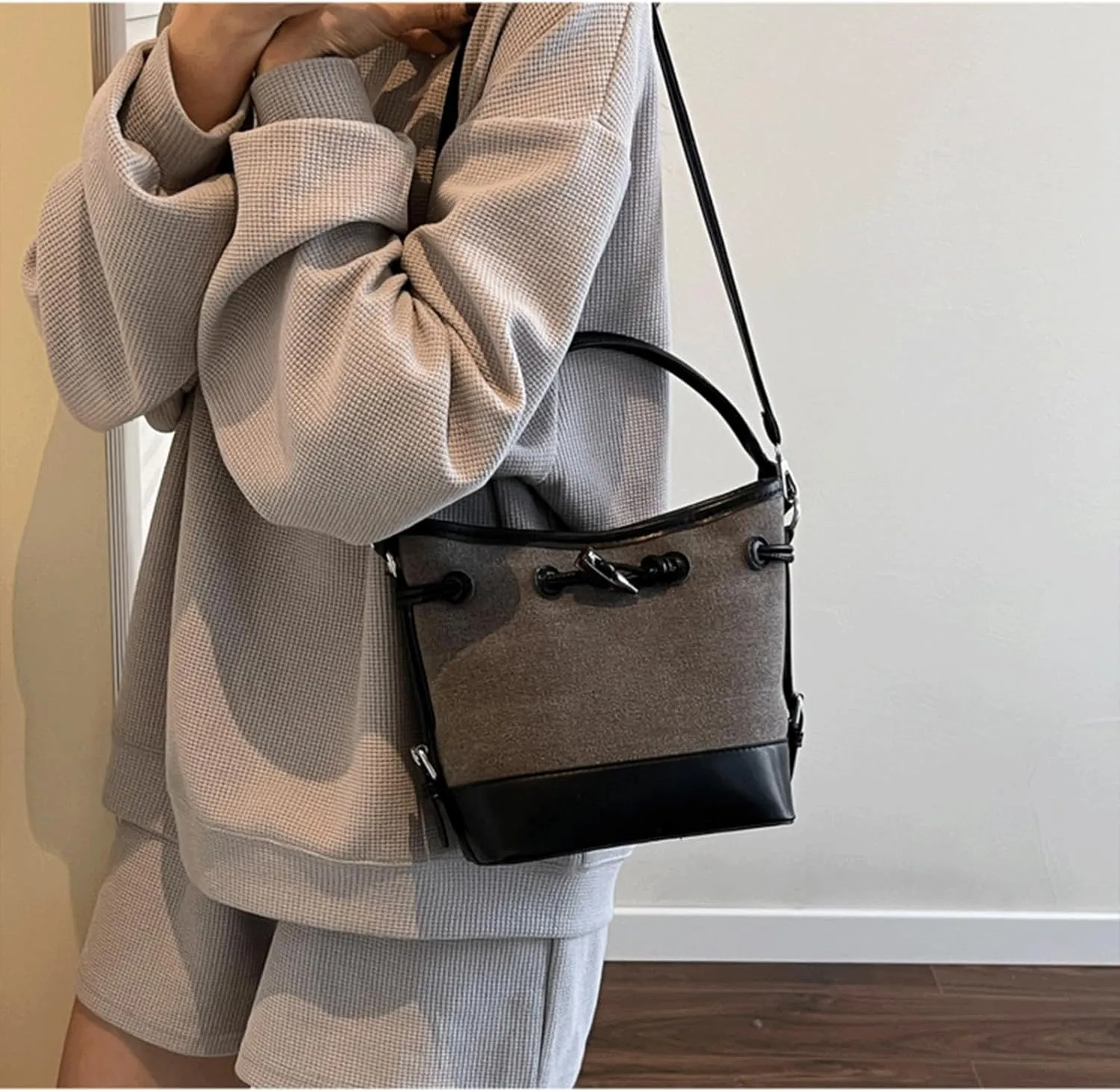 Mini Bucket Bag Leather Bucket Purse Vintage purse bag with Drawstring Detail Shoulder Crossbody Handbag