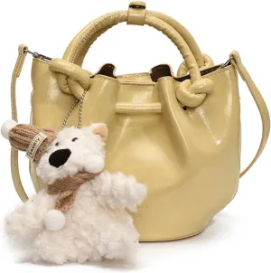 Mini Bucket Bag Leather Bucket Purse Vintage Purse Bag with Plush Bear Charm Crossbody Shoulder Handbag