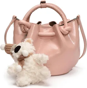 Mini Bucket Bag Leather Bucket Purse Vintage Purse Bag with Plush Bear Charm Crossbody Shoulder Handbag