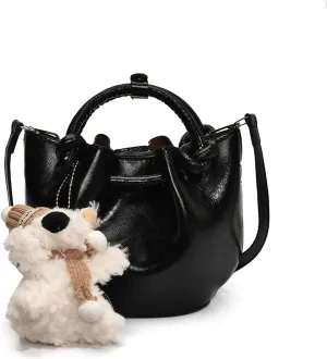 Mini Bucket Bag Leather Bucket Purse Vintage Purse Bag with Plush Bear Charm Crossbody Shoulder Handbag