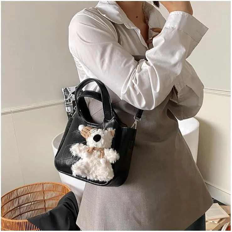 Mini Bucket Bag Leather Bucket Purse Vintage Purse Bag with Plush Charm Small Shoulder Crossbody Handbag