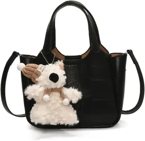 Mini Bucket Bag Leather Bucket Purse Vintage Purse Bag with Plush Charm Small Shoulder Crossbody Handbag